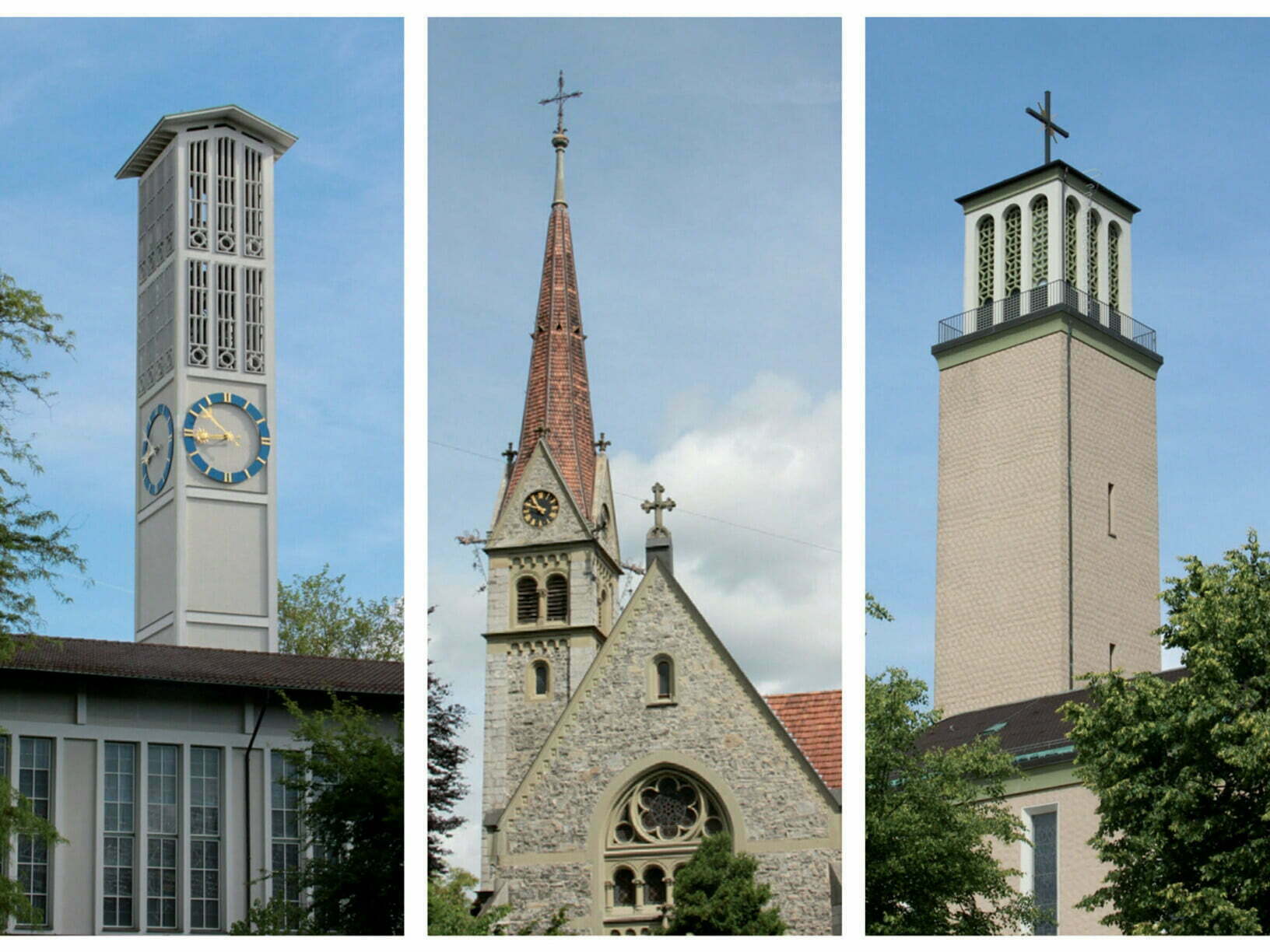 Die drei Kirchtürme in Bern-Nord. Die reformierten Markus- und Johanneskirchen (links und mitte) und die katholische Marienkirche. Die beiden reformierten Gemeinden wollen zusammenwachsen und ihre Aktivitäten künftig in die umgestaltete Markuskirche verlegen, wo ein Quartierzentrum entstehen soll.