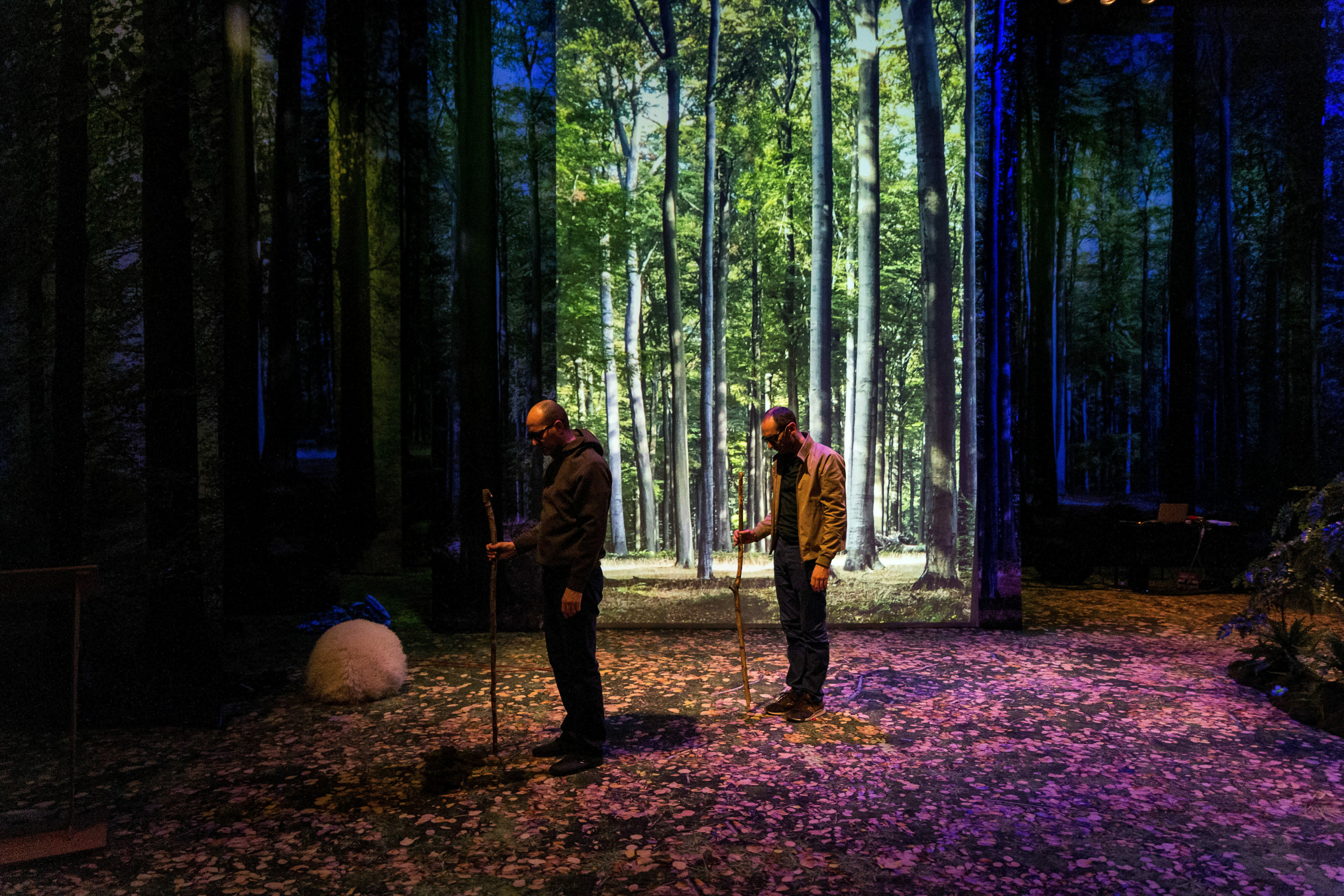 Zwei Männer stehen auf einer Bühne, die aussieht wie eine Waldlichtung.